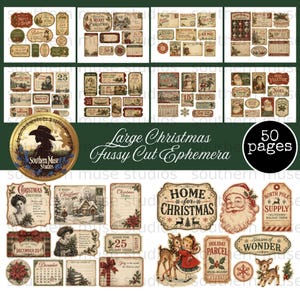 Vintage Christmas Fussy Cut Ephemera Mega Bundle, 50 Pages Digital Kit ,Junk Journal Scrapbooking Planner Supply, mixed media, holiday