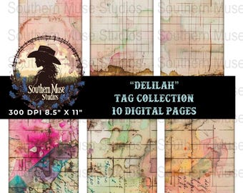 Delilah digital tag collection, vintage junk journal tags, printable labels, collage ephemera, distressed crafting