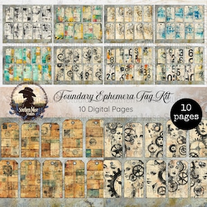 May include: A digital ephemera tag kit featuring 10 pages of vintage-style tags. The tags have various designs, including gears, faces, and aged paper textures. The color palette includes browns, blues, and yellows.