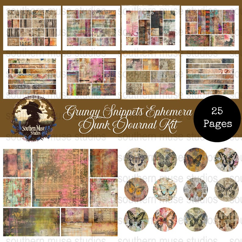 Grungy Ephemera Junk Journal Kit, Snippets Digital Papers, 25 PDF Pages ...