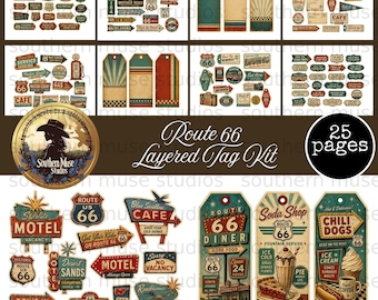 Kit digitale Route 66 Junk Journal, 25 pagine, cimeli vintage da viaggio on the road, elementi stampabili per scrapbooking in stile americano, vacanze, tecniche miste