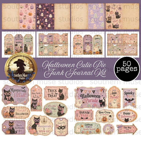 Halloween Junk Journal Digital Kit, 50 Pages Printable Ephemera, Vintage Pastel Ghost Black Cat Scrapbook Supplies, Instant Download