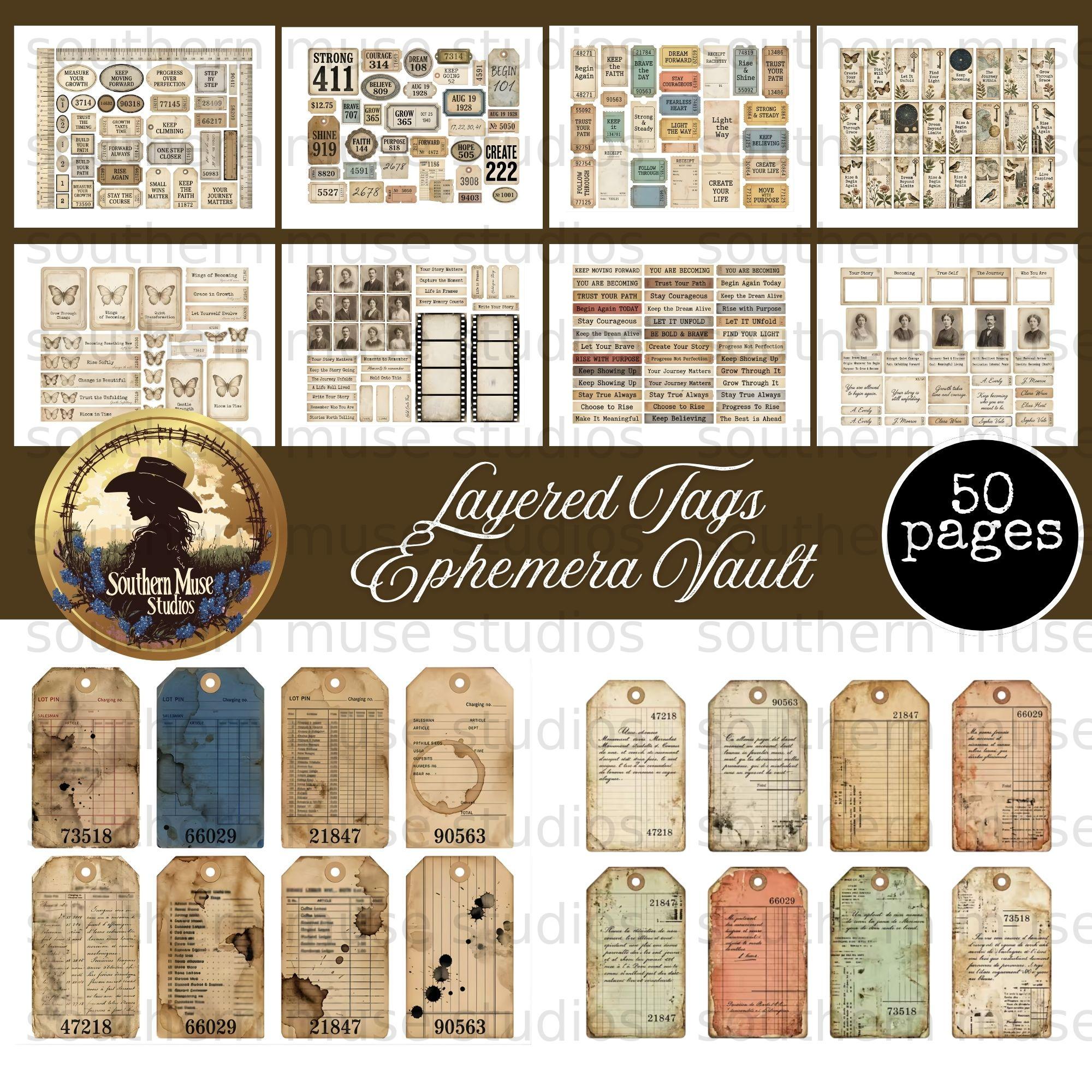 Digital Junk Journal Ephemera Kit, Vintage Collage Tags, Aged Paper ...
