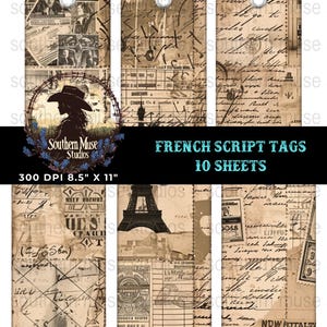 May include: A set of vintage-style paper tags with a distressed, aged appearance. The tags feature collages of old documents, handwriting, and images, including the Eiffel Tower. The text "FRENCH SCRIPT TAGS" is displayed on the bottom.