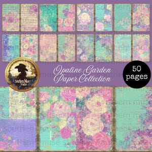 50 digitala dagbokspapper med Opaline Garden-motiv, scrapbooksidor med vintageblommor och rosor, Shabby Chic-kit för småbruk, direktnedladdning, pastellgrunge