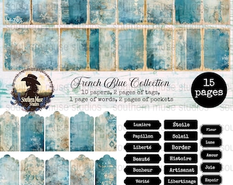 French Blue Digital Junk Journal Kit, Printable Paper Pack, Collage Sheets, Embellishments, Instant Download