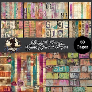May include: A collection of bright and grungy junk journal papers. The papers feature a variety of colors, including pink, orange, and blue, with numbers and text overlays. The image includes the text "Bright & Grungy Junk Journal Papers" and "50 Pages".