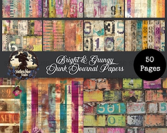 May include: A collection of bright and grungy junk journal papers. The papers feature a variety of colors, including pink, orange, and blue, with numbers and text overlays. The image includes the text "Bright & Grungy Junk Journal Papers" and "50 Pages".
