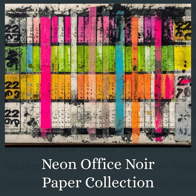 Neon office noir paper collection, vibrant office supplies, art inspired stationery, colorful desk essentials, unique gift idea