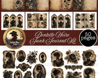 May include: A collection of vintage-style ephemera for junk journaling. The kit includes patterned papers, tags, and die-cut images in sepia tones with black floral and portrait designs. The text "Dentelle Noire Funk Journal Kit" is visible.