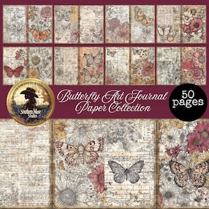 Pode incluir: Uma coleção de 50 páginas de papel de diário de arte de borboletas. As páginas apresentam ilustrações em estilo vintage de borboletas, flores e elementos botânicos em tons de bordô, creme e sépia. O texto "Butterfly Art Journal Paper Collection" é exibido.
