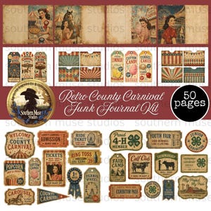 May include: A digital junk journal kit with a retro county carnival theme. The kit includes vintage-style ephemera like tickets, tags, and journal pages. The color palette features reds, blues, and browns, evoking a nostalgic feel. The kit includes 50 pages.