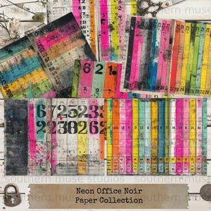 Neon Office Noir Paper Collection, Scrapbooking Card Making, Vintage Numbers Patterns, Craft Supplies, DIY Projects, Collage Sheets