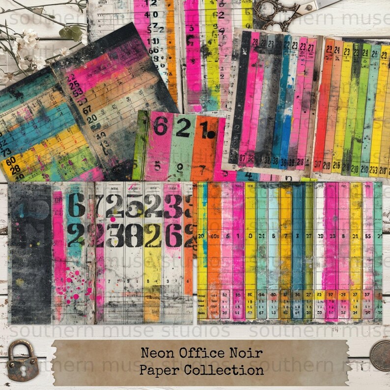 Neon Office Noir Paper Collection, Scrapbooking Card Making, Vintage Numbers Patterns, Craft Supplies, DIY Projects, Collage Sheets