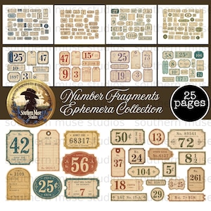 May include: A collection of vintage-style ephemera fragments, including price tags, tickets, and labels. The design features a rustic aesthetic with various numbers and text, with the text "Number Fragments Ephemera Collection" and "25 pages".