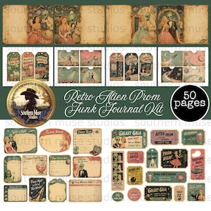 Digitalt skräpjournalkit för retro alien-balen, vintage sci-fi-ephemera, scrapbooking med rymdtema, 50 utskrivbara sidor, fussy cut, dans