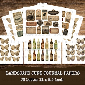 Vintage ephemera including airship expo, train tickets, luggage labels, and soda bottles.
