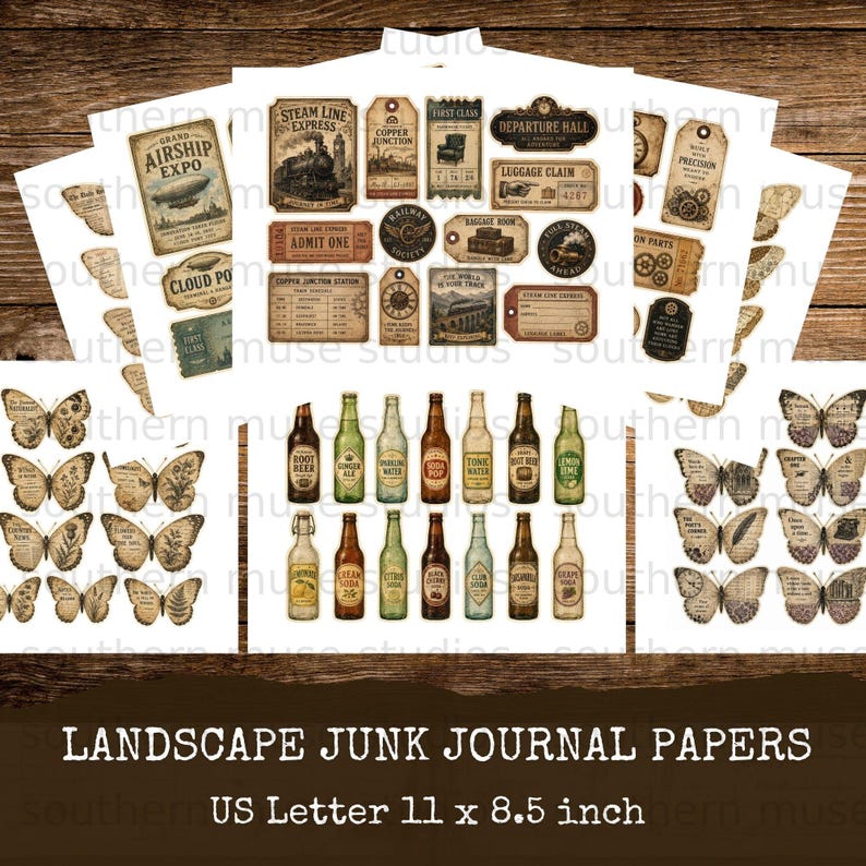Vintage ephemera including airship expo, train tickets, luggage labels, and soda bottles.