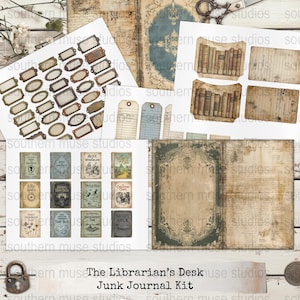 Vintage Junk Journal Kit, Librarian's Desk Theme, Antique Book Pages, Printable Tags, Old Library Cards, Digital Collage Sheets
