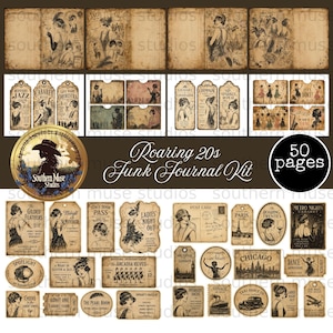 May include: A vintage-style junk journal kit with a Roaring 20s theme. The kit includes ephemera such as tags, postcards, and journal pages with flapper illustrations and art deco designs. The kit contains 50 pages.