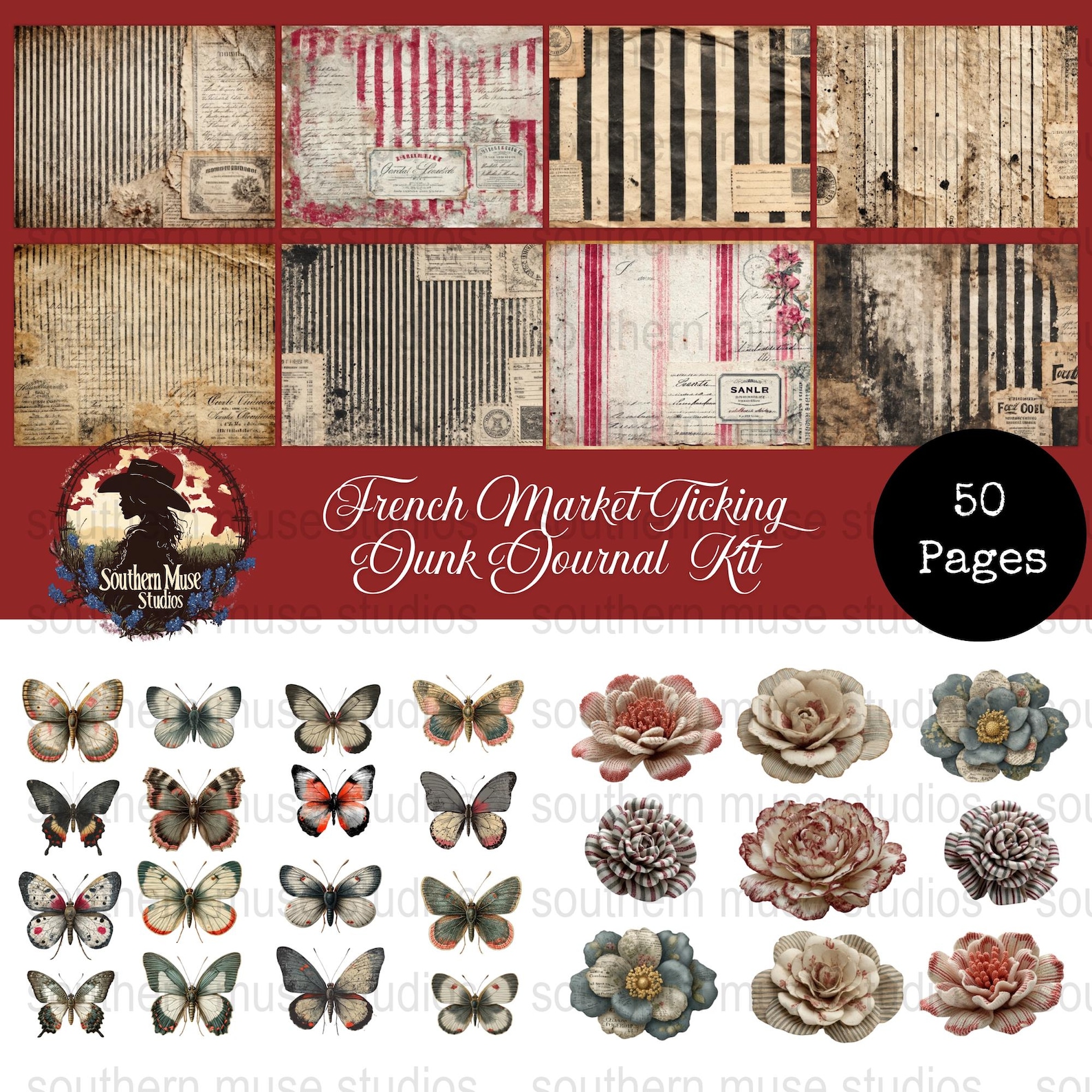 French Ticking Junk Journal, Vintage Ephemera, Digital Paper, Collage ...