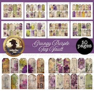 May include: A collection of vintage-style tags with a grungy purple theme. The tags feature floral and botanical designs, along with numbers and text. The image includes the text "Grungy Purple Tag Vault" and "50 pages".
