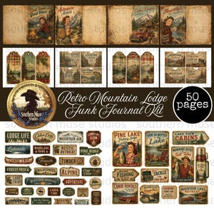 May include: A collection of vintage-style ephemera for junk journals, featuring a retro mountain lodge theme. Includes journal pages, tags, and decorative elements with illustrations of cabins, lakes, and outdoor scenes. The kit contains 50 pages.