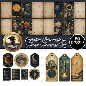 May include: A celestial-themed junk journal kit with 50 pages. The kit includes journal pages with illustrations of planets, the sun, and the moon, along with decorative tags and labels. The text "Celestial Observatory Junk Journal Kit" is visible.