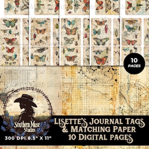 Carte da diario digitali effimere con farfalle, pacchetto di carta per scrapbooking con insetti, stampa digitale con stampa di insetti vintage, diario spazzatura, scrapbooking