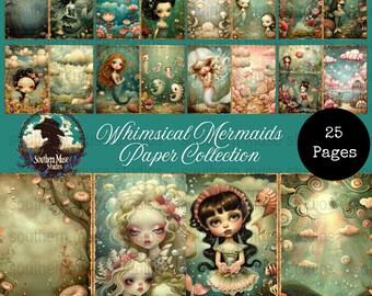 May include: A set of 25 pages of whimsical mermaid paper. The illustrations depict mermaids in diverse scenes, with a soft, vintage style. The colour scheme includes teal, pink, and cream, with floral and underwater details.