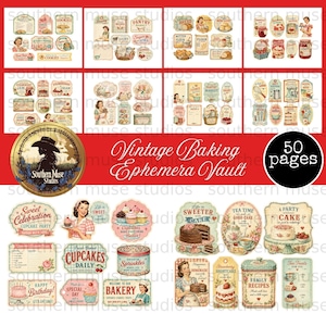 May include: A collection of vintage-style baking ephemera, including labels, tags, and illustrations. The designs feature images of baked goods, kitchen tools, and retro-style women. The color palette includes soft pastels and vintage fonts. The collection contains 50 pages.