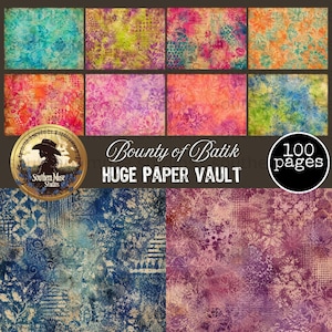 May include: A collection of 100 pages of digital paper featuring various batik patterns in vibrant colors including teal, pink, orange, blue, and purple. The text Bounty of Batik HUGE PAPER VAULT is displayed alongside a circular logo graphic.