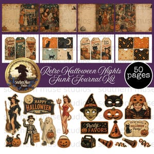 May include: A 50-page junk journal kit featuring vintage-style Halloween illustrations including witches, skeletons, ghosts, black cats, pumpkins, and candy corn. The collection includes patterned papers, gift tags, and cut-out ephemera pieces.