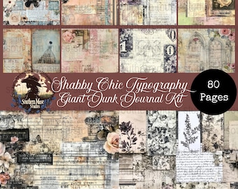 May include: A digital junk journal kit with a shabby chic theme. The kit includes 80 pages with vintage ephemera, floral elements, butterflies, and typography. The color palette features soft pastels, browns, and blacks. The text on the image reads "Shabby Chic Typography Giant Junk Journal Kit".
