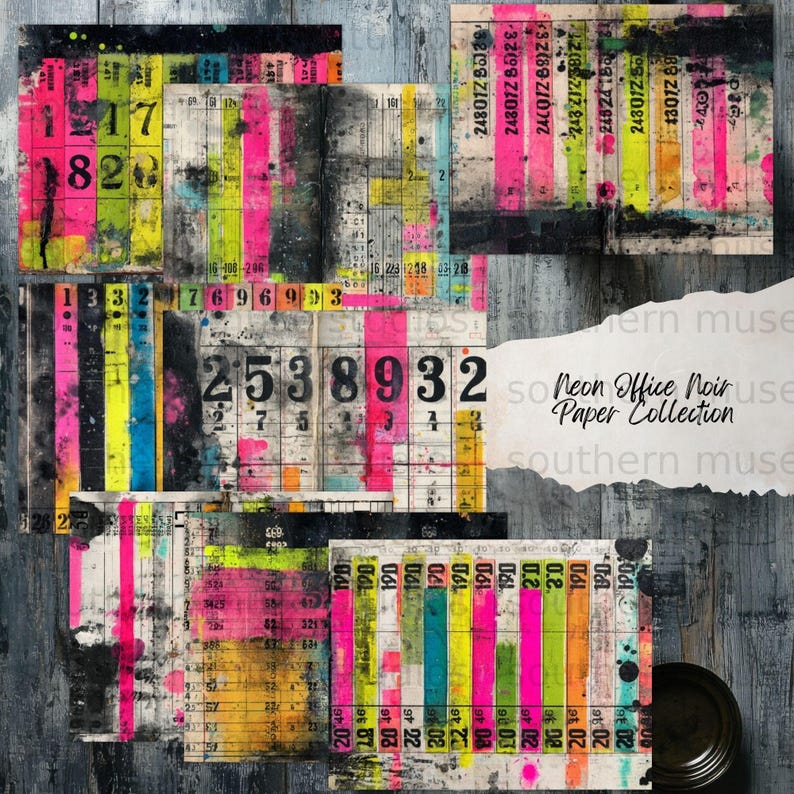 Neon Office Noir Paper Collection, Vintage-Inspired Mixed Media Paper, Collage Craft Paper, DIY Scrapbooking Supply, Junk Journal Material
