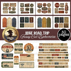 Vintage Road Trip Fussy Cut Ephemera, Junk Journal Digital Kit, Scrapbook Travel Adventure Tags, Retro Printable PNG, Instant Download
