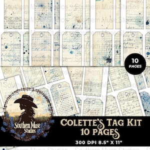May include: A collection of vintage-style tags with handwritten script, grid patterns, and blue ink splatters. The tags are arranged on a white background. The image includes a logo with a woman in a hat and the text "COLETTE'S TAG KIT 10 PAGES 300 DPI 8.5" X 11".