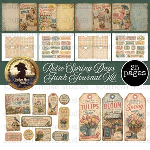 Op de afbeelding: Een verzameling vintage-stijl ephemera voor junk journaling, met een "Retro Spring Days" thema. Inclusief tags, journaalpagina's en decoratieve elementen met bloemen-, tuin- en lentemotieven. De kit bevat 25 pagina's.