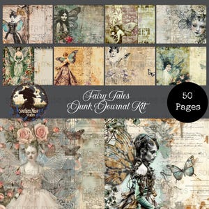 May include: A fairy tale themed junk journal kit. The kit contains 50 pages with vintage illustrations of fairies, butterflies, and floral elements. The colour palette features soft pastels and aged paper textures.