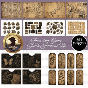 May include: A collection of vintage-style scrapbook elements. Includes patterned papers, tags, pockets, and floral embellishments in sepia tones. The kit is titled "Amazing Grace Junk Journal Kit" and contains 50 pages. The Southern Muse Studios logo is also visible.