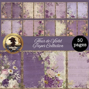 Könnte beinhalten: Eine Sammlung von 50 Seiten Digitalpapier im Vintage-Stil. Die Seiten zeigen florale Designs in Lila, Weiß und Creme mit einem abgenutzten, gealterten Aussehen. Der Text "Fleur de Violet Paper Collection" ist sichtbar.