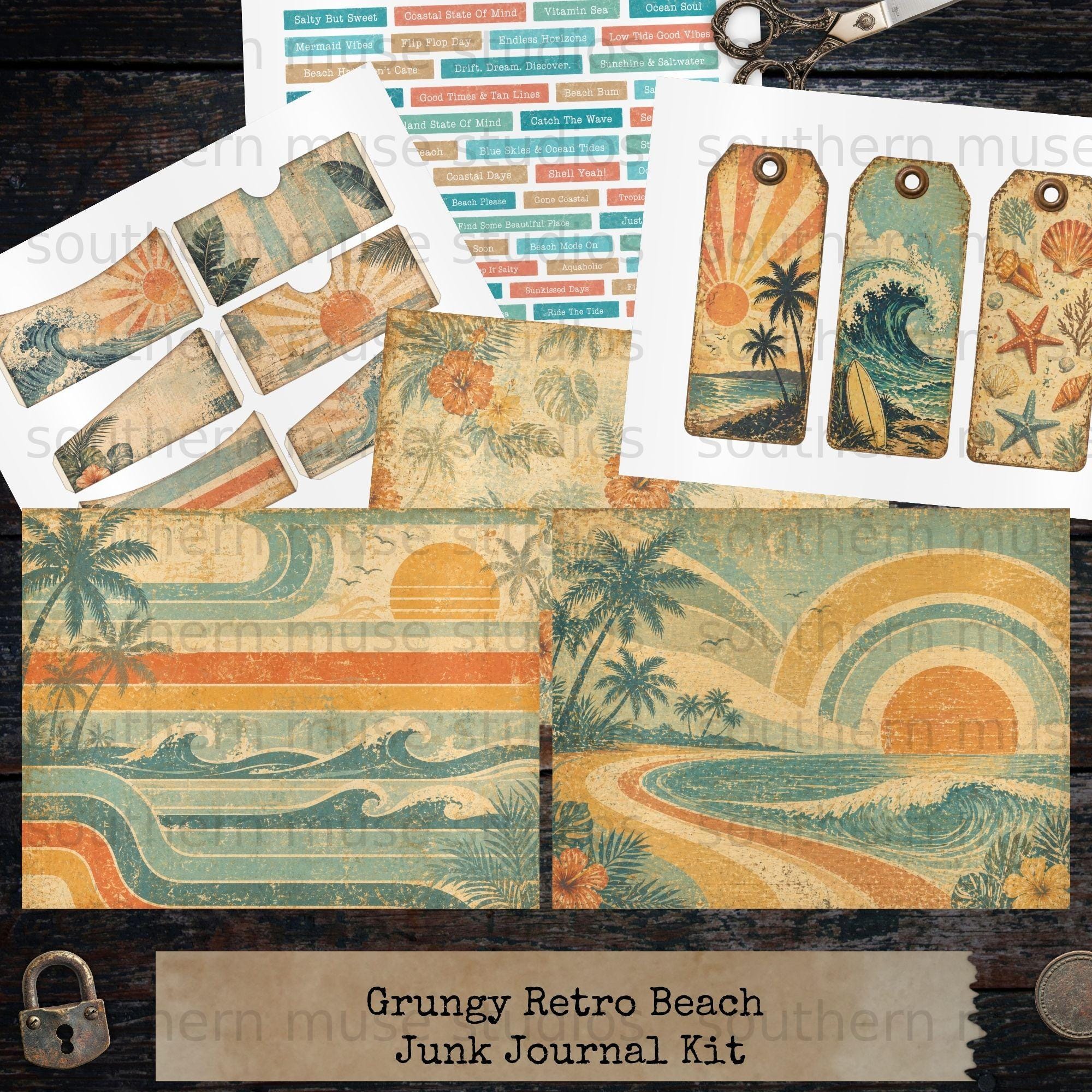 50 Grungy Retro Beach Junk Journal Digital Kit | Vintage Tropical Paper ...