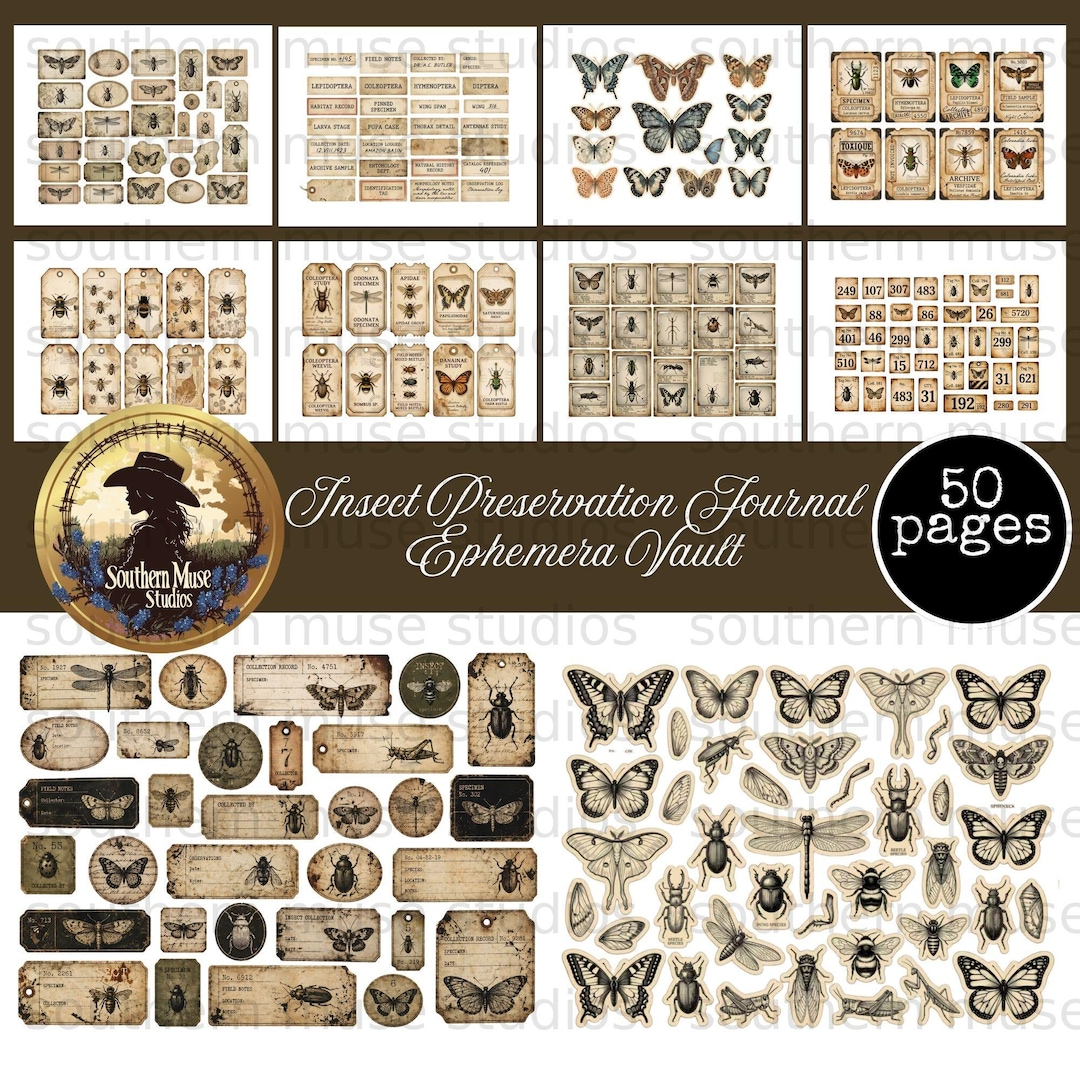 Printable Insect Journal Junk Journal Ephemera Kit Digital, Vintage Insect Printable Pages, 50 ...
