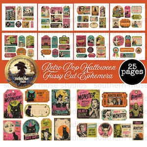 Könnte beinhalten: Eine Sammlung von 25 Seiten mit Halloween-Ephemera im Retro-Stil, bestehend aus verschiedenen gestanzten Anhängern, Tickets und Etiketten mit Illustrationen von schwarzen Katzen, Skeletten, Monstern und Texten wie Monster Movie und Moonlight Mischief.
