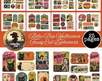 Retro Pop Halloween Fussy Cut Ephemera Digital Download, 25 Page Vintage Spooky Fun Journaling Kit, Junk Journals, mixed media, stickers