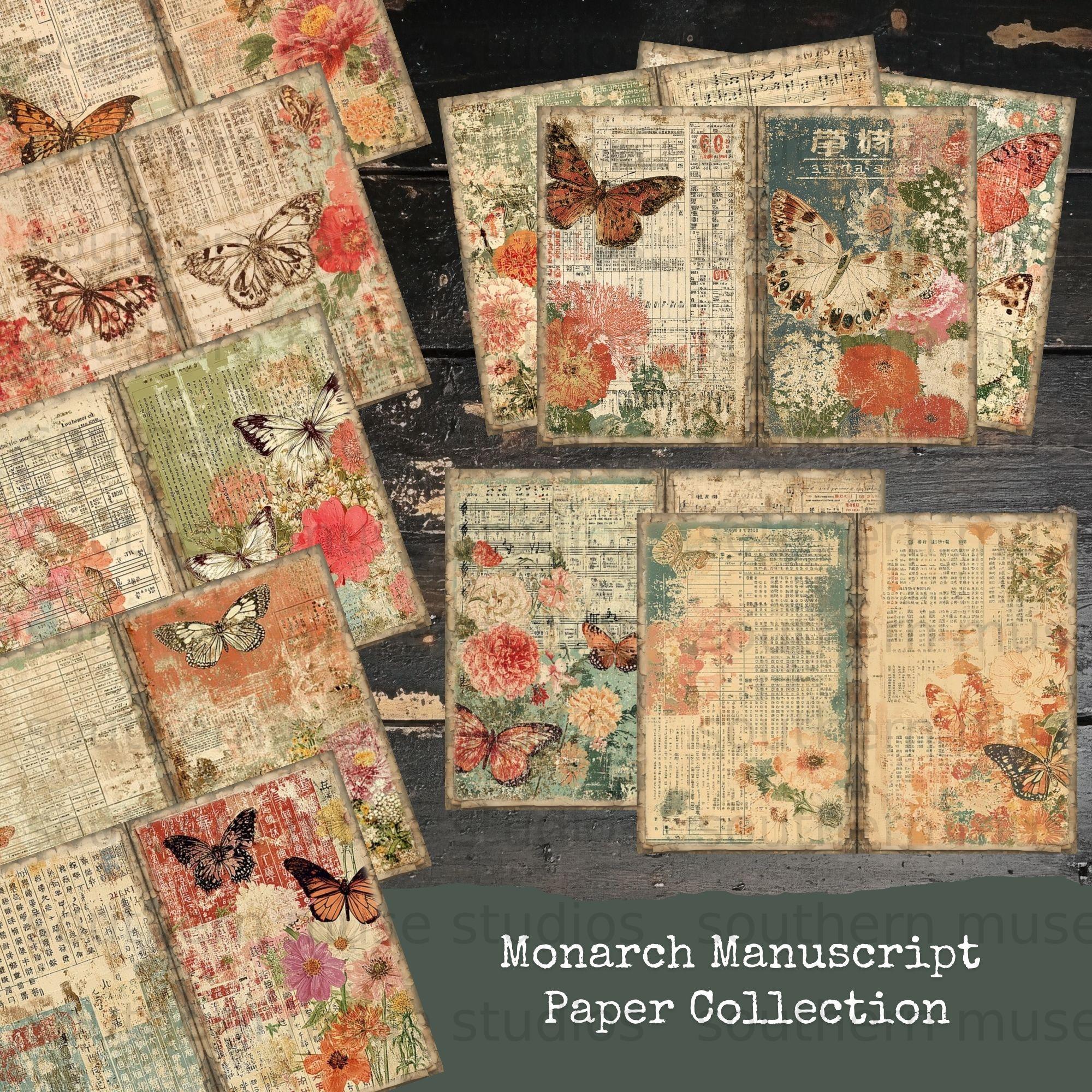 Monarch Butterfly Vintage Junk Journal Digital Paper, Aged Botanical ...