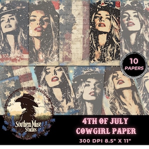 4th of July Digital Paper Pack, Americana Cowgirl Scrapbook 8.5x11 Printable, Patriotic American Flag Junk Journal, 300 DPI
