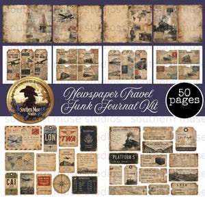 May include: A collection of vintage-style travel-themed ephemera, including journal pages, tags, and cards. The design features old maps, airplanes, and train illustrations, with text such as "Passport" and "Air Mail". The kit is labeled "Newspaper Travel Junk Journal Kit" and includes 50 pages.