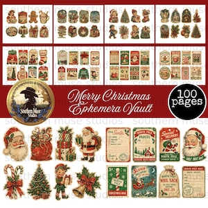 May include: A collection of vintage-style Christmas ephemera featuring 100 pages of illustrations including Santa Claus, decorated trees, candy canes, gift boxes, holiday tags, and North Pole post labels with text like Merry Christmas Ephemera Vault.