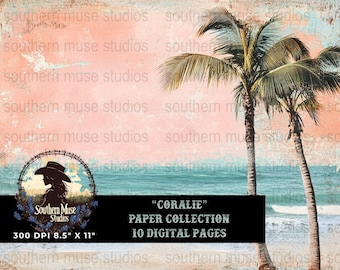 Beach Paper Collection, Digital Download, Tropical Theme, Scrapbook Paper, Planner Stickers, Vintage Ocean View Sand Palm Trees, 8.5x11